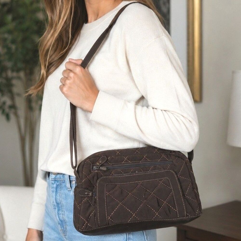 Vera Bradley Brown Microfiber Quilted Shoulder Bag Floral Lining Zip Pockets